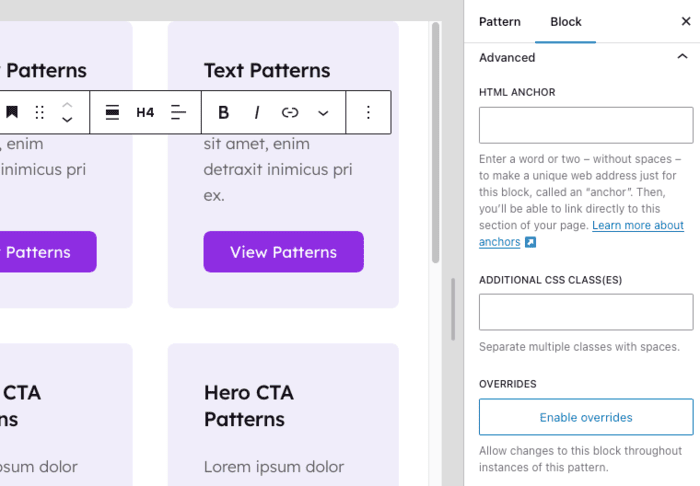 pattern overrides block themes